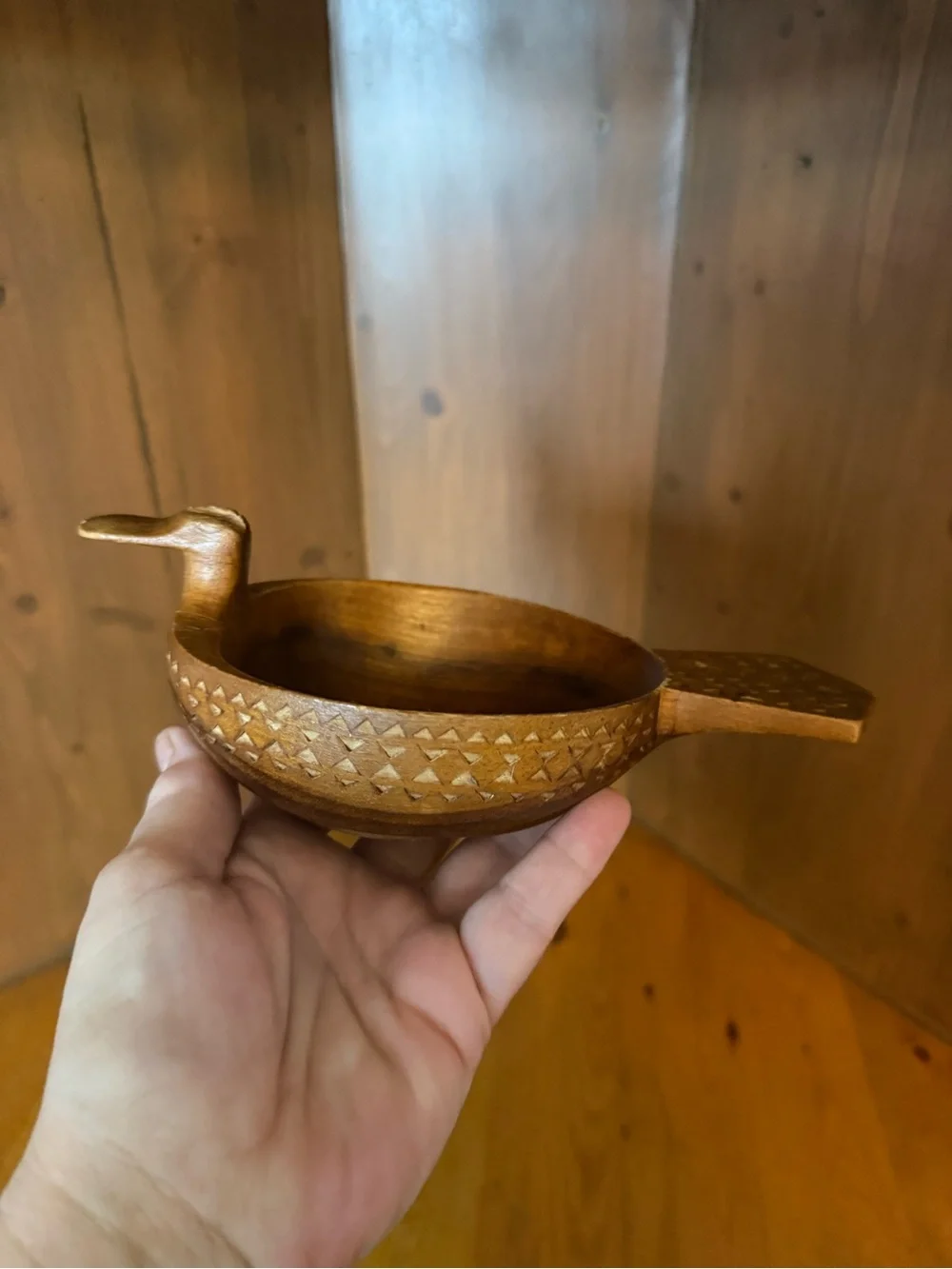 Vintage Hand Carved Wooden Duck Bowl Scandinavian Folk Art Kåsa Mid Century